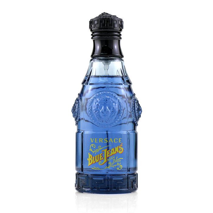 A 2.5 oz bottle of Versace Blue Jeans Cologne, featuring its signature vintage-style design with bold blue and gold accents, embodying a fresh and masculine fragrance. Avail at Paris Connection Perfumes!