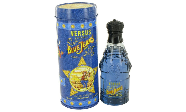 Versace Blue Jeans Cologne, 2.5 oz EDT, in a classic cylindrical blue bottle with vibrant detailing, known for its timeless, energetic scent. Avail at Paris Connection Perfumes!