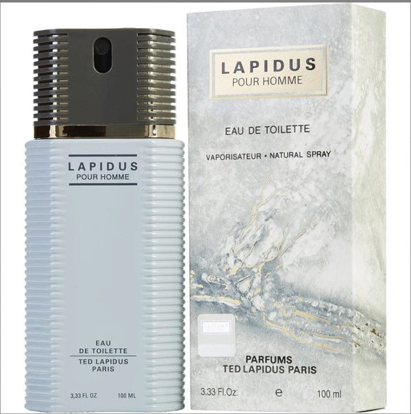 LAPIDUS 3.3 OZ EDT M fragrance bottle with a sleek design, showcasing its bold blue color and modern silhouette, presented at Paris Connection Perfumes.