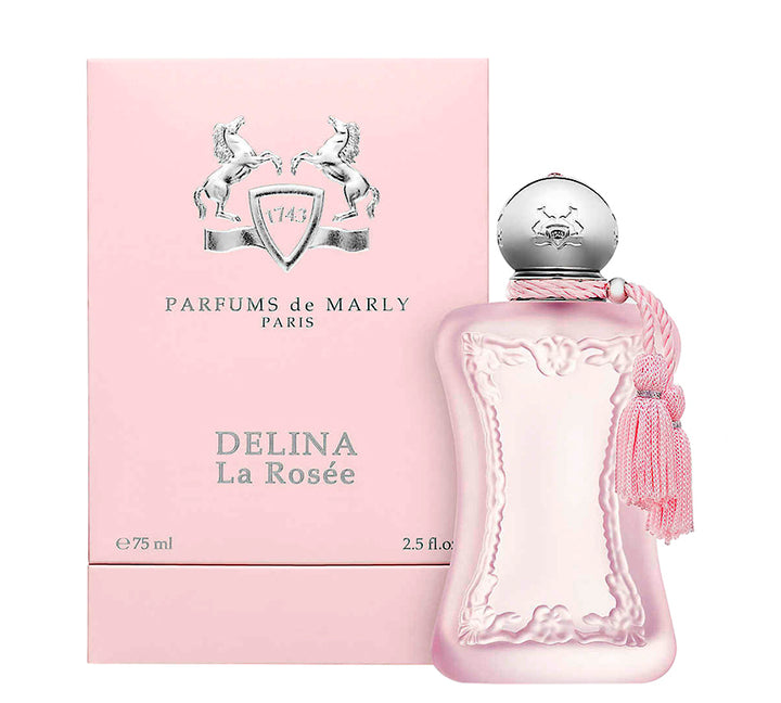 Elegant bottle of Parfums De Marly Delina La Rosee 2.5 OZ, featuring a delicate pink hue and a unique floral design, presented beautifully in a luxurious box, available at Paris Connection Perfumes