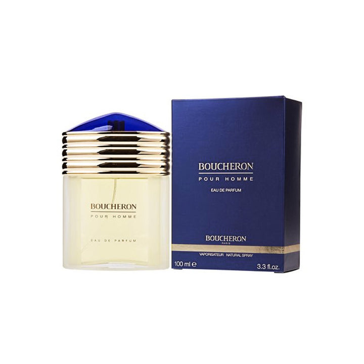 "Boucheron Eau De Parfum MEN Spray, 3.3 oz by Paris Connection Perfumes, in a sophisticated bottle that reflects a rich and aromatic scent, perfect for the modern gentleman.