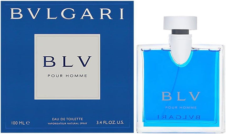 BVLGARI BLV 3.4 OZ EDT bottle displayed elegantly, highlighting its vibrant blue color and sleek design, available at Paris Connection Perfumes.