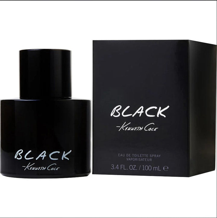 "BLACK KENNETH COLE 3.4OZ EDT for men, featuring a sleek black bottle with a minimalist design, symbolizing elegance and modern masculinity."