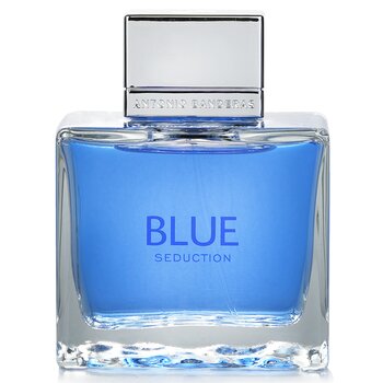 A 3.4 oz bottle of Blue Seduction EDT Spray by Paris Connection Perfumes, featuring a sleek, transparent design, offering a refreshing and aquatic fragrance for everyday wear.