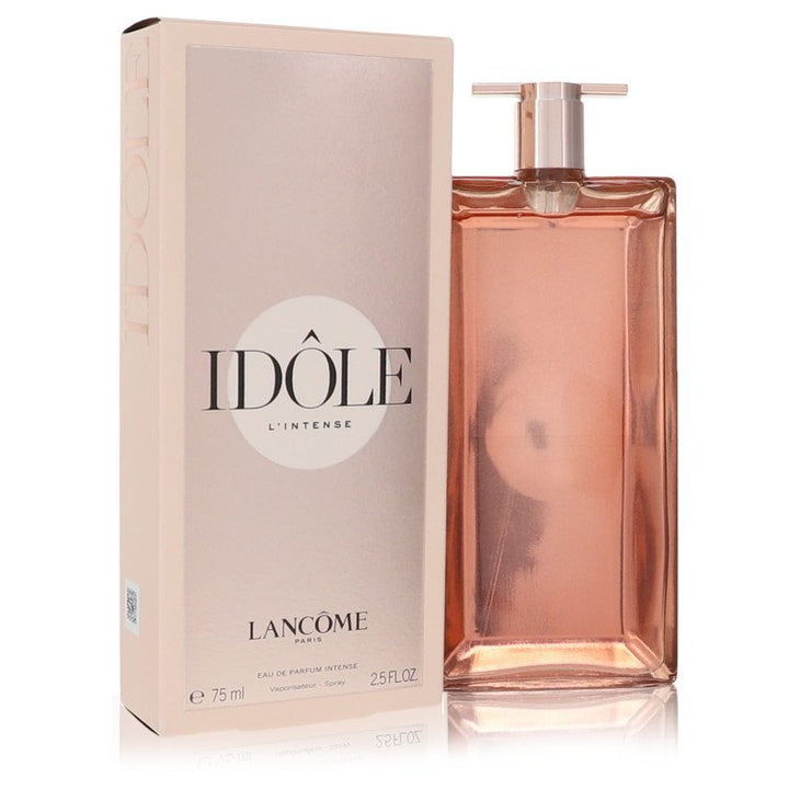 IDOLE L'INTENSE 2.5 OZ EDP by Paris Connection Perfumes features a sleek, modern bottle with soft curves and a luxurious gold finish, elegantly presented in a chic, minimalist packaging that embodies sophistication