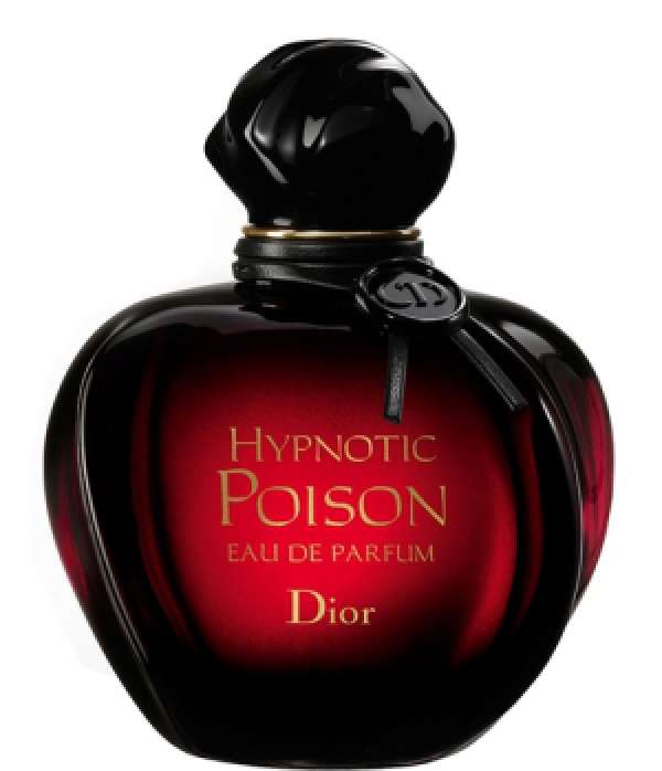 HYPNOTIC POISON 3.4 OZ EDP by Paris Connection Perfumes, featuring an alluring dark purple bottle shaped like a poison apple, elegantly nestled in a luxurious black box adorned with gold accents.