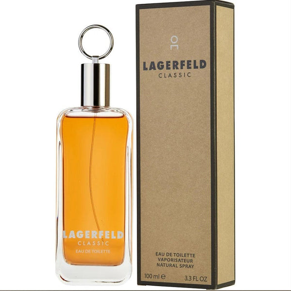 LAGERFELD CLASSIC 3.3OZ EDT M bottle displayed against a clean, neutral background, showcasing its sleek and elegant design, ideal for men seeking a timeless fragrance option.