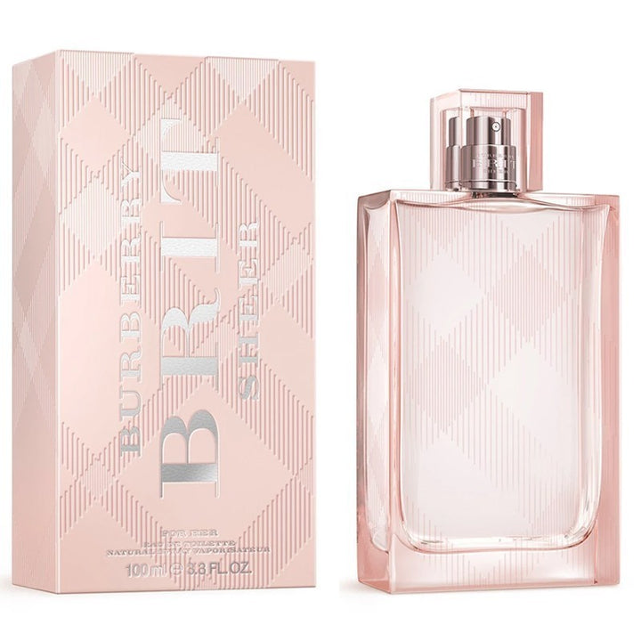 Burberry Brit Sheer Perfume EDT Spray, 3.3 oz with updated packaging by Paris Connection Perfumes, showcasing a chic bottle that reflects a vibrant and uplifting scent.