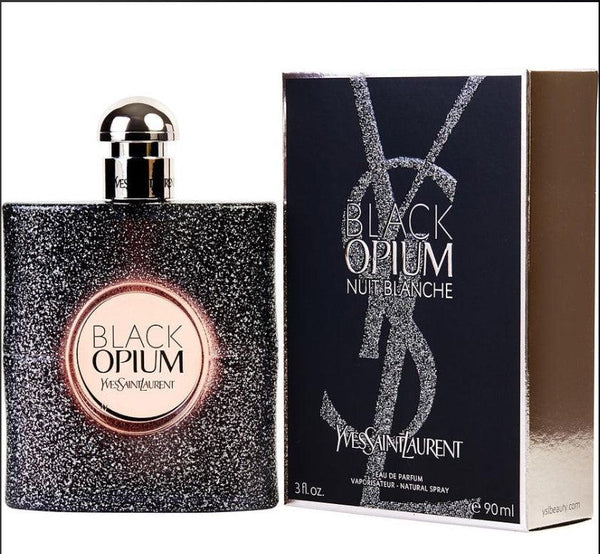 Black Opium Nuit Blanche 3 oz bottle available at Paris Connection Perfumes - a warm, seductive fragrance with notes of coffee, white flowers, and vanilla.