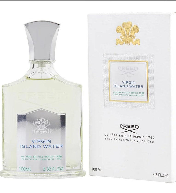 Creed Virgin Island Water 3.3 oz bottle. Tropical scent featuring coconut and lime for a refreshing escape.