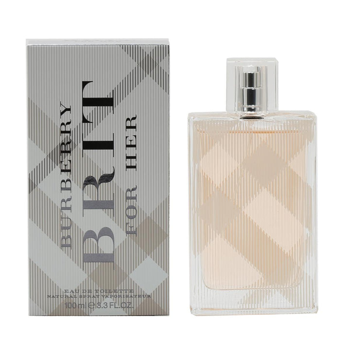 A 3.3 oz bottle of Burberry Brit EDT in new packaging by Paris Connection Perfumes, featuring a chic checkered design that conveys a fresh and vibrant fragrance for both men and women.