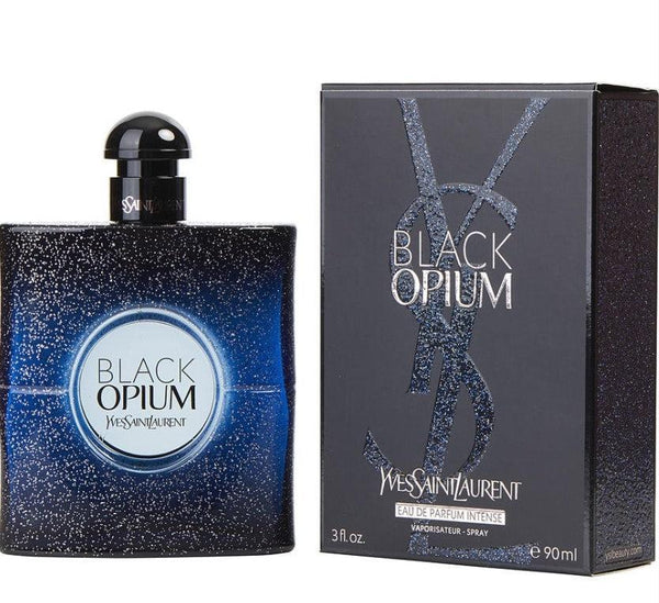 BLACK OPIUM INTENSE 3.0 OZ EDP bottle showcasing its elegant design, featuring a striking black and gold color scheme, perfect for a captivating fragrance experience. Available at Paris Connection Perfumes.