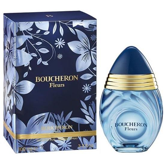 A 3.3 oz bottle of Boucheron Fleurs EDP Spray by Paris Connection Perfumes, showcasing an elegant floral design with soft pastel tones, embodying a luxurious and romantic fragrance.