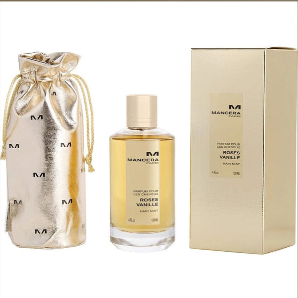 Mancera Roses Vanille 3.4 oz EDP featuring a luxurious design with a blend of rose and vanilla notes, elegantly packaged for a sophisticated touch at Paris Connection Perfumes.