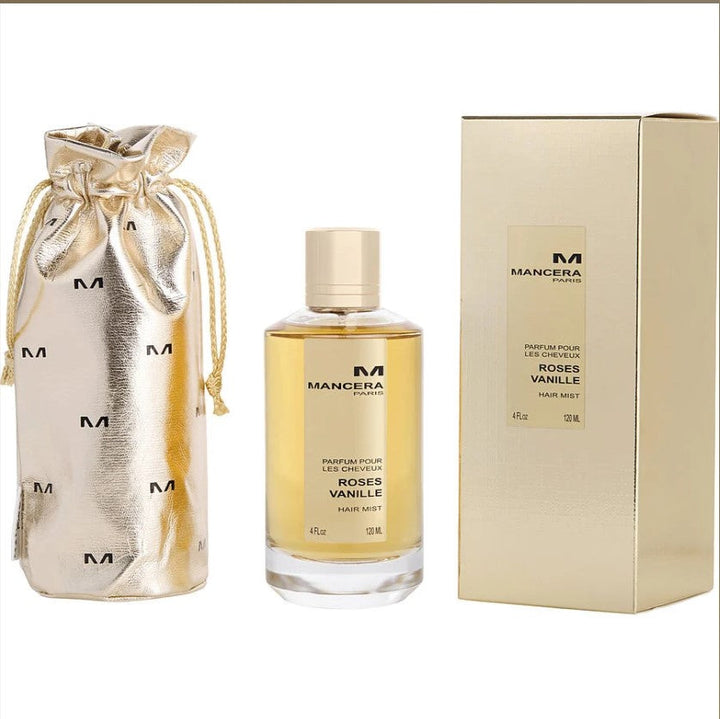 Mancera Roses Vanille 3.4 oz EDP featuring a luxurious design with a blend of rose and vanilla notes, elegantly packaged for a sophisticated touch at Paris Connection Perfumes.