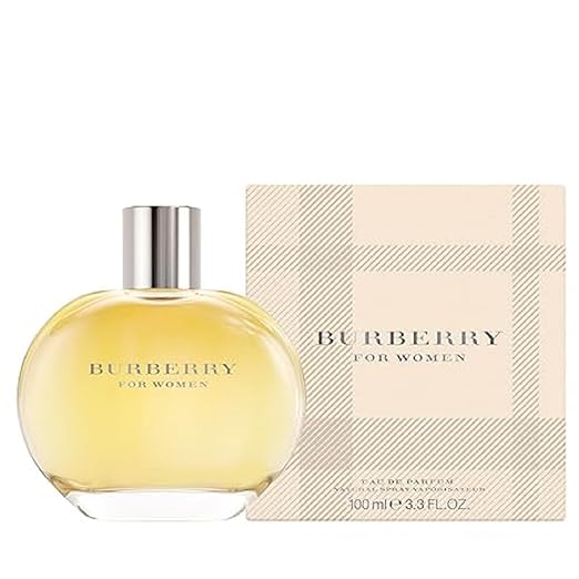 A 3.3 oz bottle of Burberry EDP Spray in new packaging by Paris Connection Perfumes, showcasing a sophisticated design with classic Burberry check, delivering a timeless and elegant fragrance.