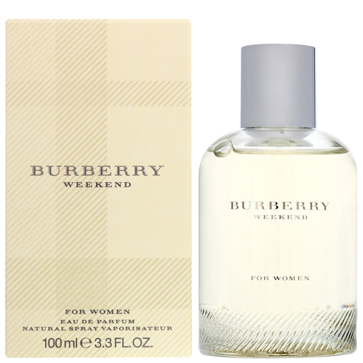 Burberry Weekend Eau De Parfum Spray in new packaging, 3.3 oz, a fresh and vibrant fragrance perfect for casual outings, featuring floral and fruity notes, available at Paris Connection Perfumes.b