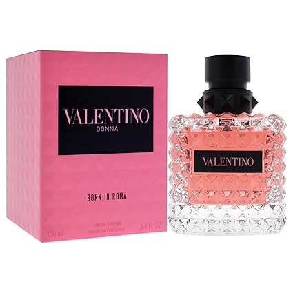 "A 3.4 oz bottle of Valentino Donna Born In Roma EDP Spray for Women by Paris Connection Perfumes, featuring a chic studded glass design, offering a bold and feminine fragrance.