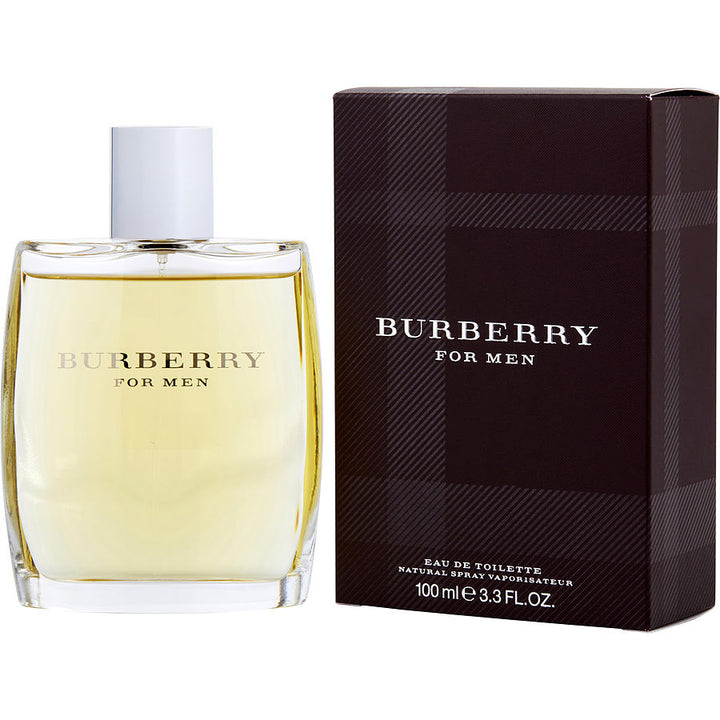 A 3.3 oz bottle of Burberry EDT Spray in new packaging by Paris Connection Perfumes, showcasing a sophisticated design with classic Burberry checks, offering a timeless and elegant fragrance.