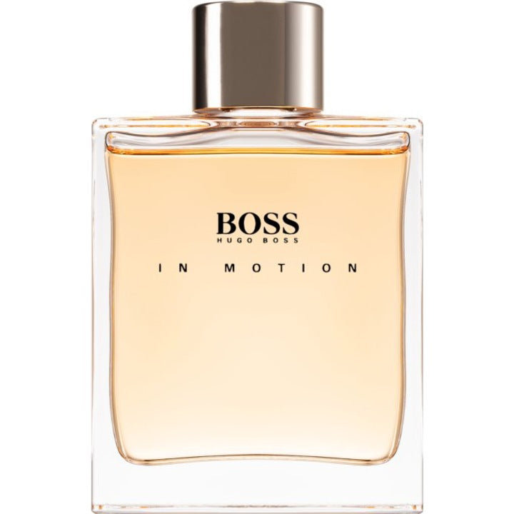 A 3.3 oz bottle of Boss In Motion Eau De Toilette Spray for Men by Paris Connection Perfumes, featuring a dynamic design with sleek lines, exuding a fresh and energetic fragrance.