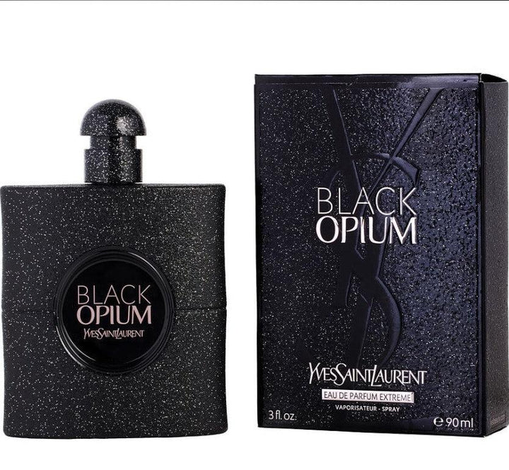 "Black Opium Extreme 3 oz EDP bottle featuring a sleek black design with shimmering accents, symbolizing boldness and elegance. Available at Paris Connection Perfumes.