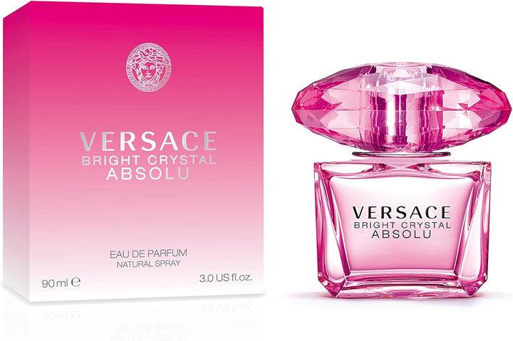 A 3 oz bottle of Versace Bright Crystal Absolu EDP Spray in new packaging, featuring a luxurious pink crystal design, symbolizing a vibrant and floral fragrance by Paris Connection Perfumes.