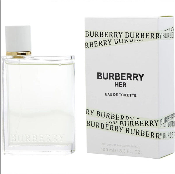 BURBERRY HER 3.3 OZ EDT Women bottle with a city skyline background available at Paris Connection Perfumes.com