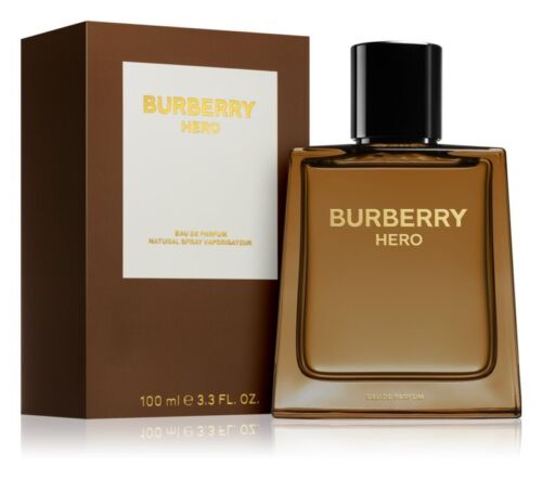 Burberry Hero 3.3 oz EDP bottle elegantly displayed, showcasing its sleek design, symbolizing strength and sophistication. Perfectly paired with Paris Connection Perfumes, highlighting a blend of luxury and modernity.