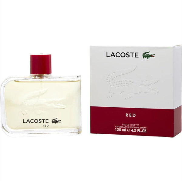 LACOSTE RED 4.2 OZ EDT M, a vibrant and energetic men's fragrance featuring fresh notes of apple and plum, balanced with a heart of jasmine and a warm base of cedarwood and patchouli, showcased in a sleek red bottle, available at Paris Connection Perfumes.