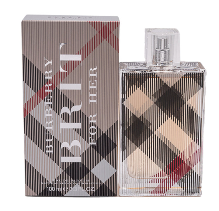 Burberry Brit Eau De Parfum Spray (New Packaging) 3.3 oz by Paris Connection Perfumes, featuring a chic checkered design that embodies a warm and inviting fragrance.