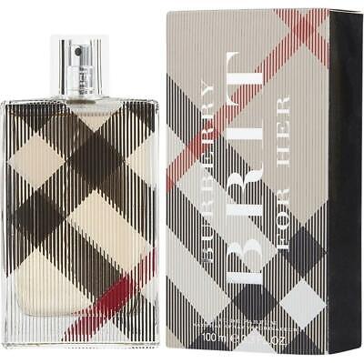 A 3.3 oz bottle of Burberry Brit Eau De Parfum Spray in its new packaging from Paris Connection Perfumes, showcasing a contemporary look and offering a classic, elegant scent.