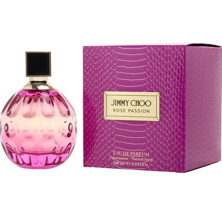  Jimmy Choo Rose Passion 3.4 oz Eau de Parfum, a vibrant pink bottle with floral accents, symbolizing romance and elegance, displayed at Paris Connection Perfumes.