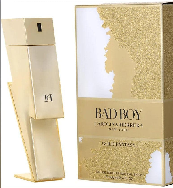 "BAD BOY GOLD FANTASY 3.4 oz EDT for men - elegant gold bottle with bold design at Paris Connection Perfumes."