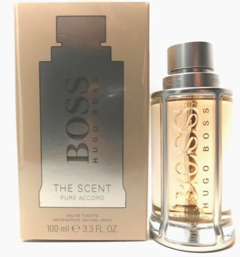 A 3.4 oz bottle of Boss The Scent Pure Accord Eau De Toilette Spray by Paris Connection Perfumes, showcasing a sleek design with a refined finish, exuding a fresh and captivating fragrance.