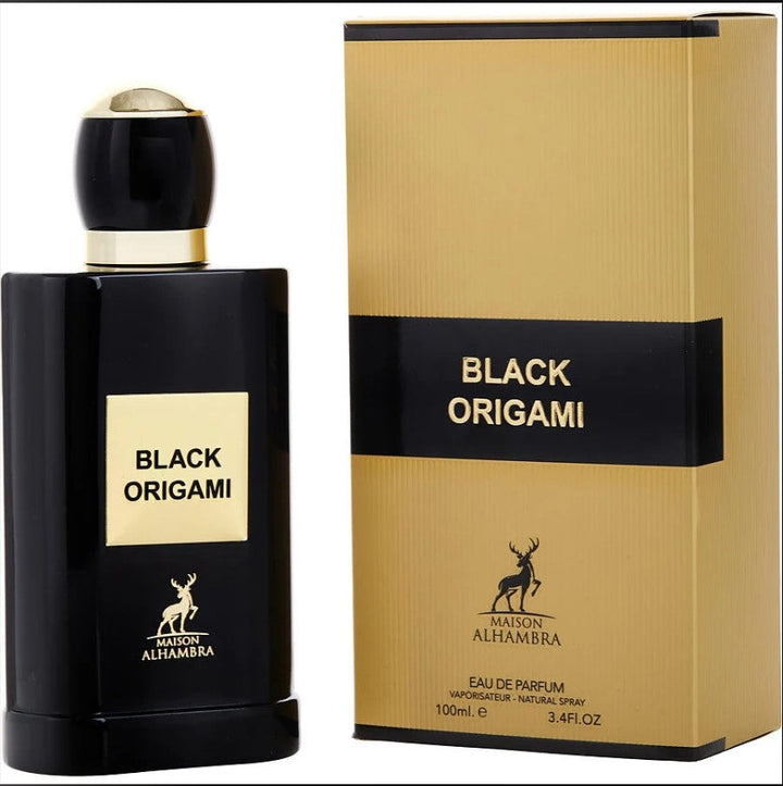 Black Origami 3.4 oz Eau de Parfum by Paris Connection Perfumes – A bold, luxurious fragrance in an elegant black bottle, perfect for those who seek a captivating scent.