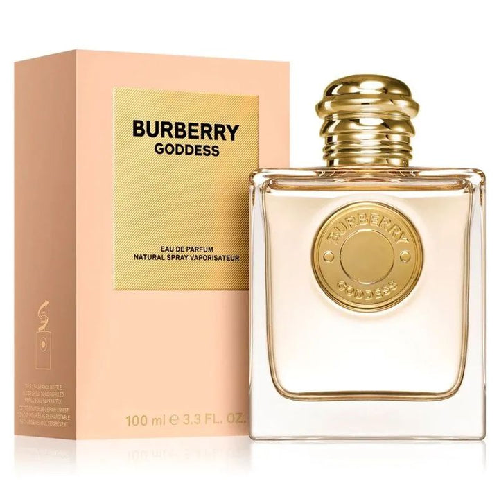 Burberry Goddess EDP Spray, 3.3 oz refillable, by Paris Connection Perfumes, showcasing a luxurious bottle that offers a captivating floral scent, ideal for the modern woman