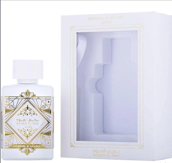 BADEE AL OUD WHITE 3.4 oz EDP - elegant fragrance in a stylish white bottle at Paris Connection Perfumes.