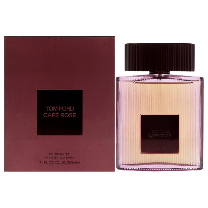 Tom Ford Cafe Rose Eau De Parfum Spray 3.4 oz Unboxed, featuring an elegant, minimalist glass bottle that showcases the rich amber fragrance within. The sleek design is accentuated by a luxurious matte black cap, reflecting the sophistication of Paris Connection Perfumes.