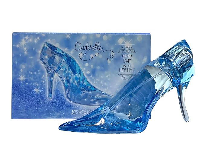 Cinderella Blue Slipper EDP 2 oz by Paris Connection Perfumes, featuring an elegant blue slipper-shaped bottle nestled in a whimsical packaging adorned with sparkling accents, reminiscent of fairy tales and magical evenings.