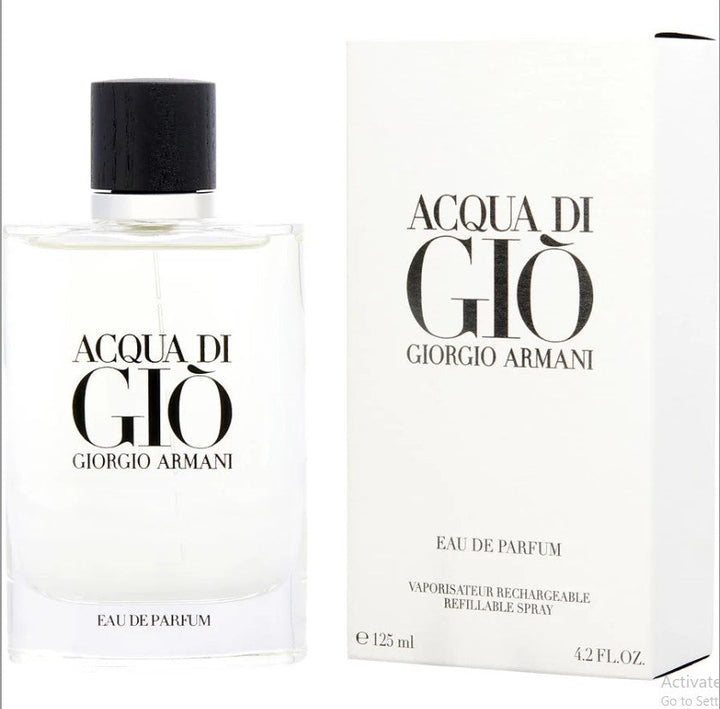 
ACQUA DI GIO 4.2 OZ EDP M featuring an elegant bottle and classic fragrance, Available at Paris Connection Perfumes