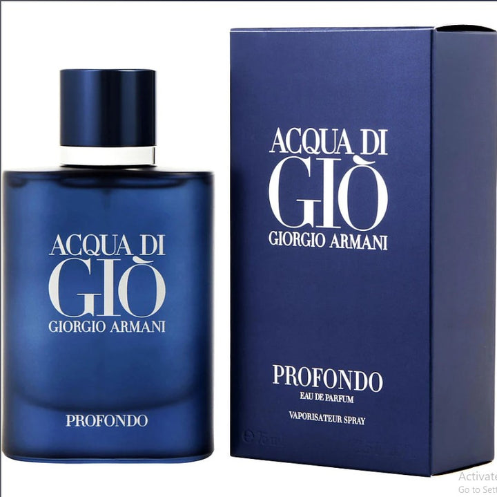 ACQUA DI GIO PROFONDO 2.5 OZ bottle for men, featuring a deep blue design, embodying a fresh aquatic fragrance with notes of citrus, aromatic lavender, and mineral woods-Paris Connection Perfumes