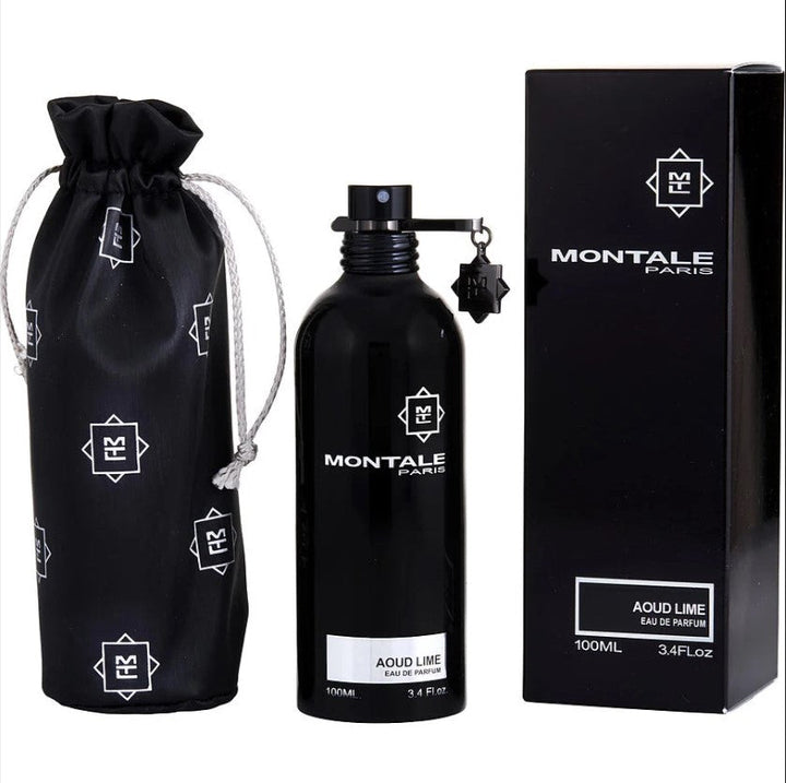 Aoud Lime Montale 3.4 oz EDP at Paris Connection Perfumes, featuring a luxurious bottle design with a vibrant green and gold color scheme, symbolizing the fresh and exotic scent of lime blended with rich oud. The fragrance is perfect for those seeking a unique and bold scent profile.