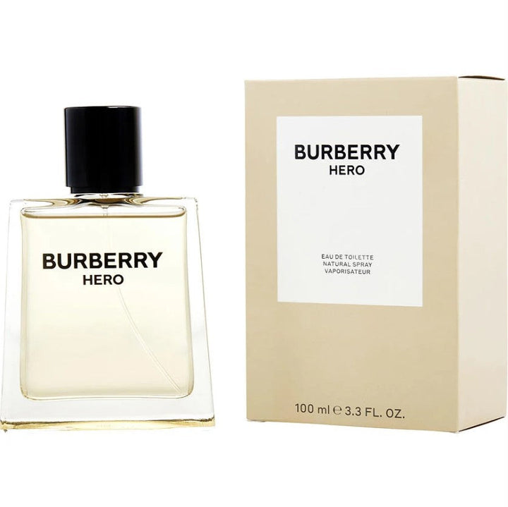 BURBERRY HERO 3.3 OZ EDT bottle on a sleek surface. Available at Paris Connection Perfumes.