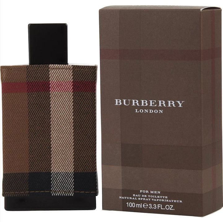 BURBERRY LONDON 3.3 OZ EDT  displayed with a classic British theme. Available at Paris Connection Perfumes.

