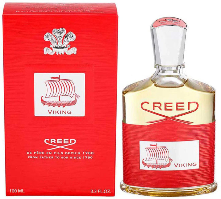 Creed Viking fragrance bottle displayed elegantly, featuring a blend of fresh and woody notes, perfect for adventurous spirits. Available at parisconnectionperfumes.com.