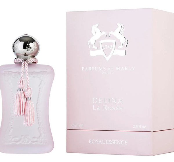 Delina La Rosée 2.5 oz perfume bottle from Paris Connection Perfumes, featuring an elegant design with a soft pink hue and intricate floral accents-Paris Connection Perfumes