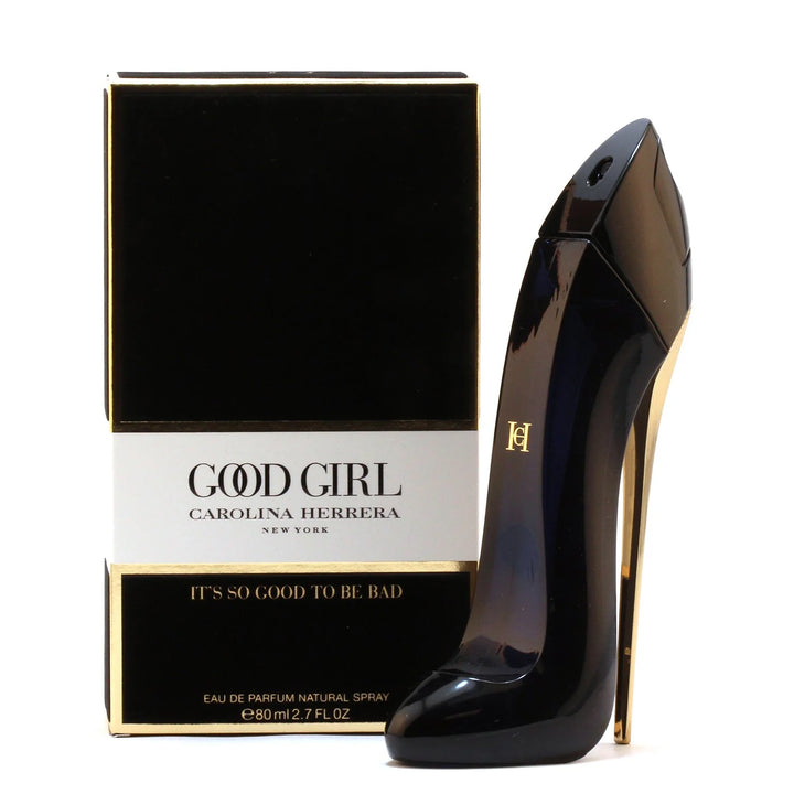 Good Girl 2.7 oz EDP displayed at Paris Connection Perfumes, featuring an alluring stiletto bottle design and a rich, sophisticated fragrance blending floral and sweet notes for a bold statement.


