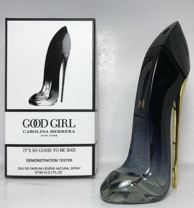 Good Girl Tester 2.7 oz EDP displayed at Paris Connection Perfumes, featuring the iconic stiletto-shaped bottle in a sleek design, perfect for women who enjoy an alluring and bold fragrance experience.

