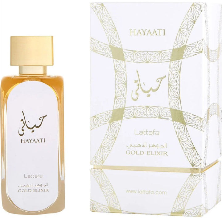 Hayaati Gold Elixir 3.4 oz EDP features a luxurious and opulent fragrance. Paris Connection Perfumes.