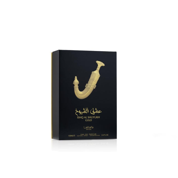 Ishq Al Shuyukh Gold 3.4 oz EDP presented at Paris Connection Perfumes, featuring an elegant bottle adorned with golden accents, symbolizing luxury and allure in a captivating fragrance.

